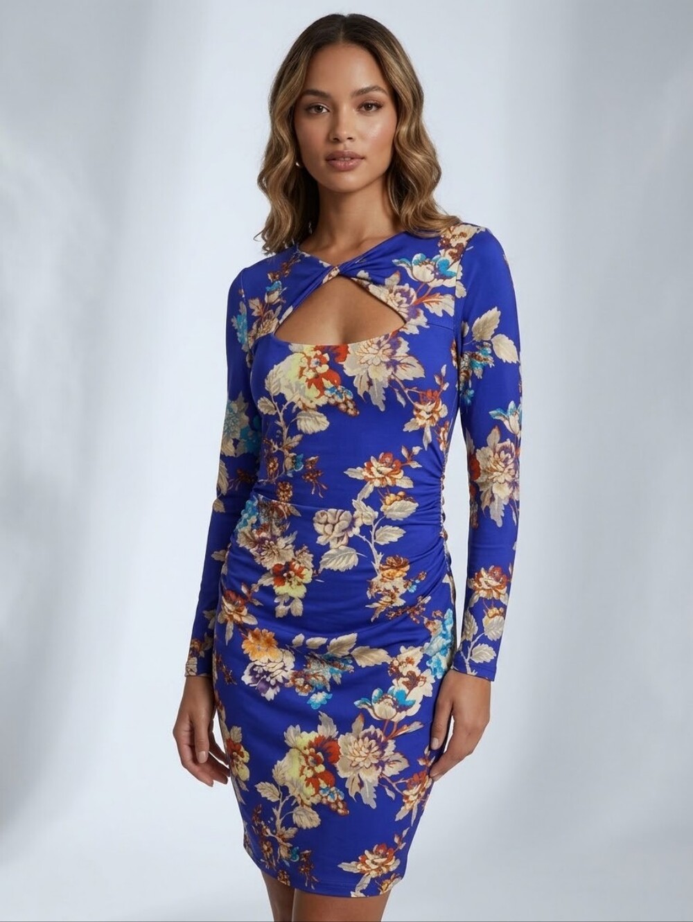 GUESS Royal Blue Floral Twist Front Cutout Ruched Bodycon Dress Size L